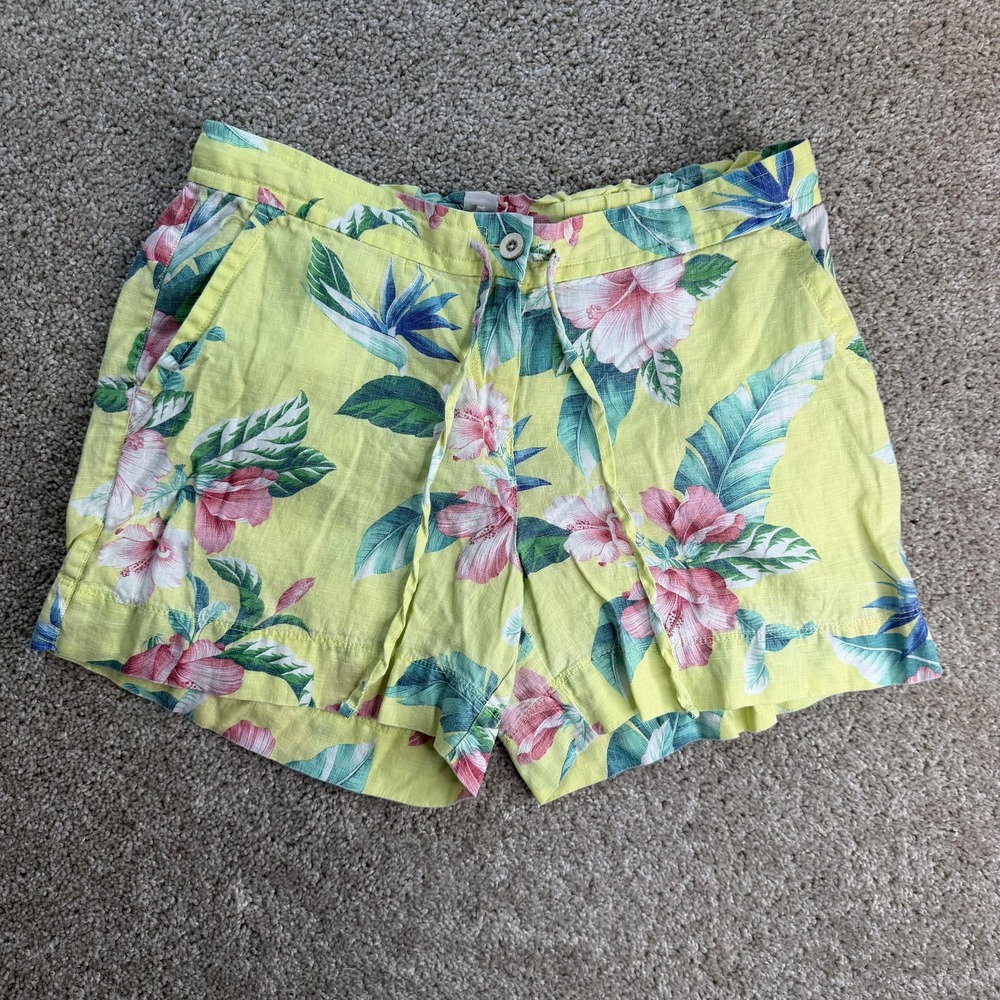 Tommy Bahama Shorts Womens Medium Yellow Linen Floral Hawaiian 5 Inseam Tropical